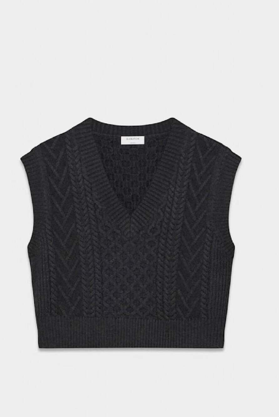 Babaton Emporia Merino Wool Cable Knit V-Neck Sweater Vest Black Size S
